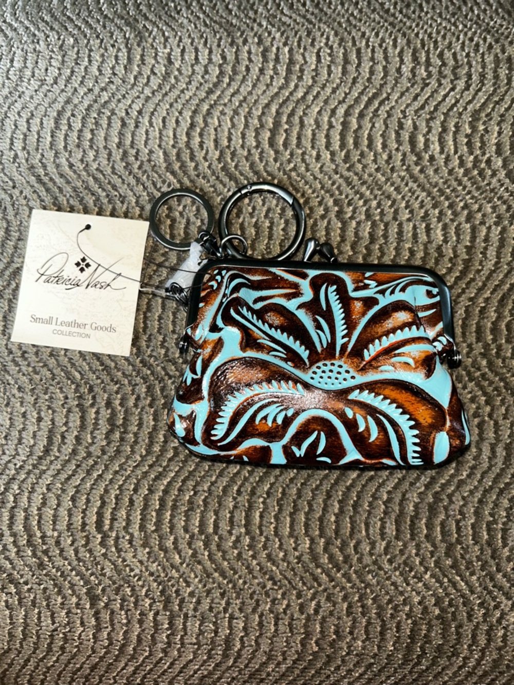 Patricia Nash Turquoise Tooled Leather Coin Pouch with Brown Suede Interior